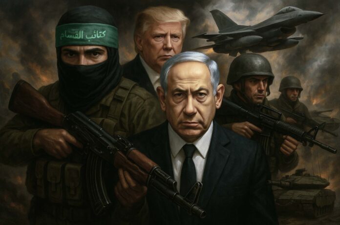 صورة تظهر الجيش الإسرائيلي وبنيامين نتنياهو والمقاومة الفلسطينية وبالخلف الرئيس الأميركي دونالد ترمب - في تصوير للوضع الحالي لوقف إطلاق النار في غزة